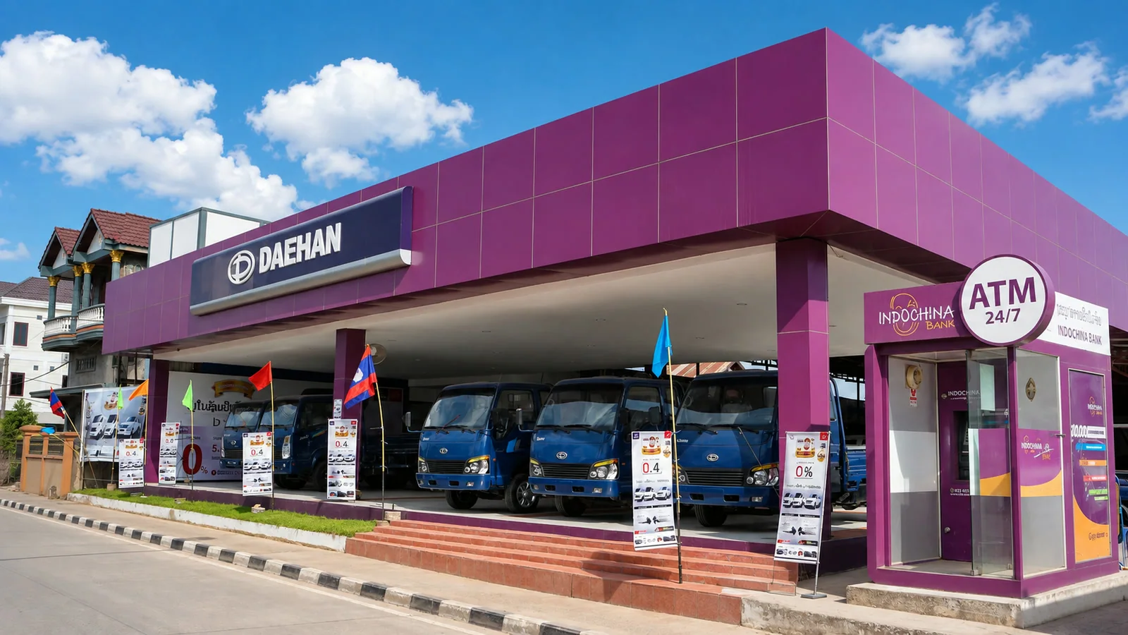 DAEHAN showroom exterior with vehicle lineup and Indochina Bank touchpoint
