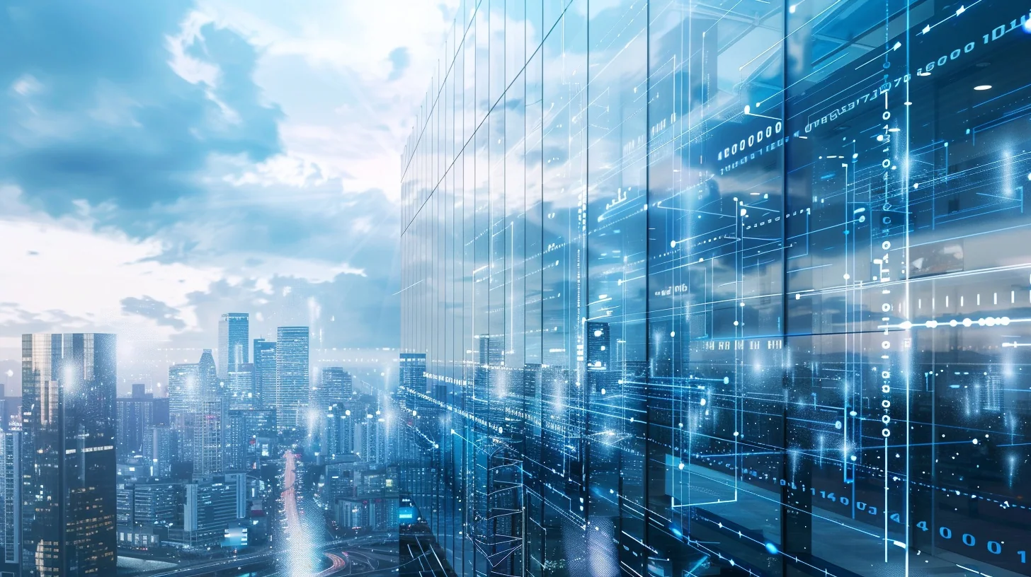 Blue glass institutional architecture with a digital information layer