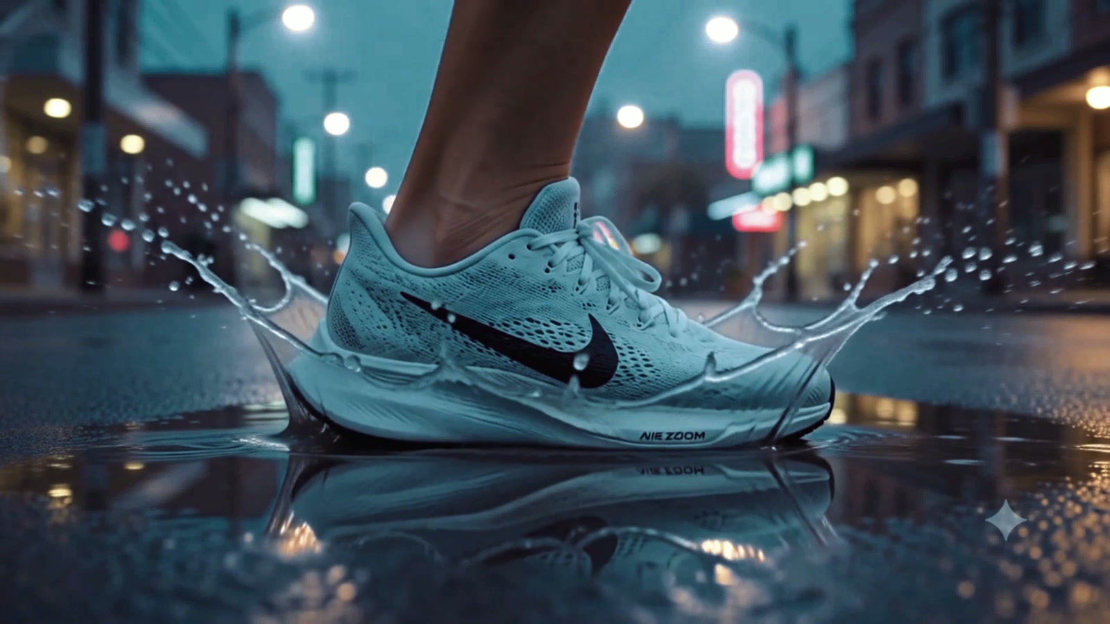 Running shoe striking a rain-soaked city street